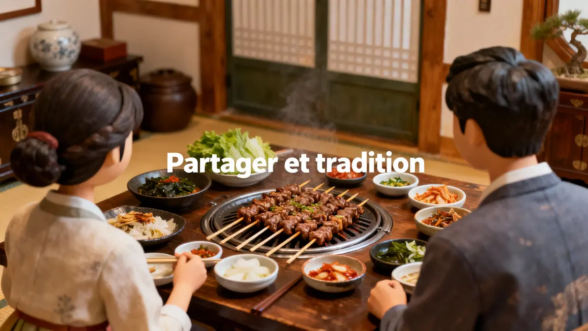 Table coréenne traditionnelle avec brochettes bulgogi et banchan