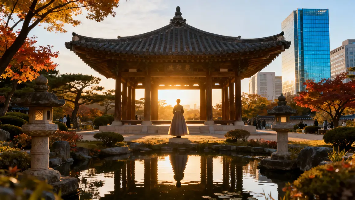 Palais coréen Gyeongbokgung au matin hanbok buildings