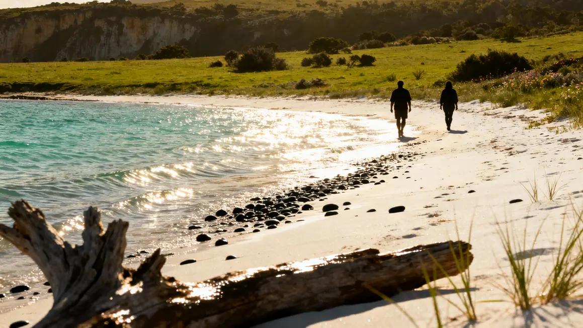 Plage sable blanc Udo galets noirs falaises et prairie