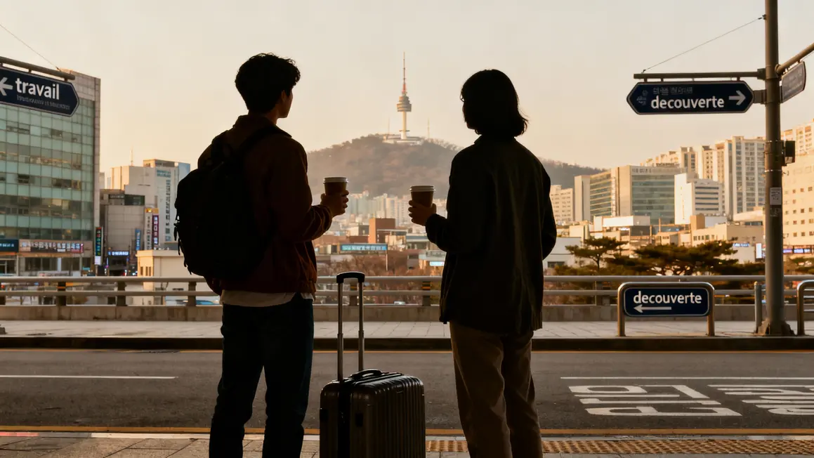 silhouettes cafe valise paysage urbain seoul panneaux travail decouverte