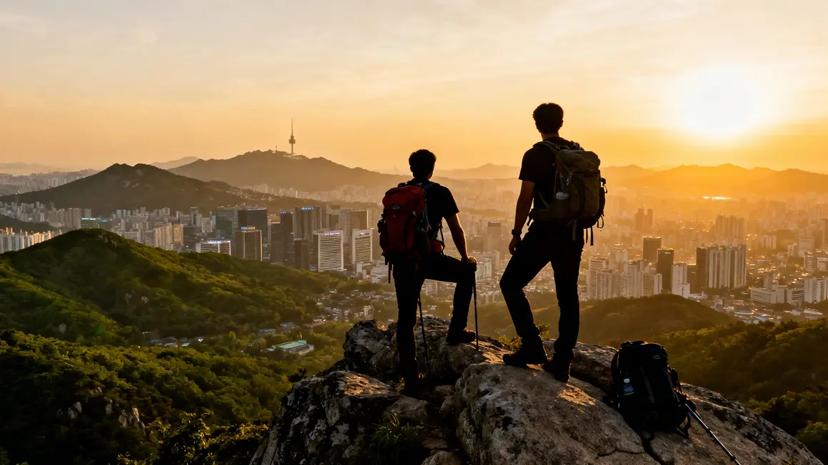 Randonnée sommet montagne panorama urbain Séoul soleil