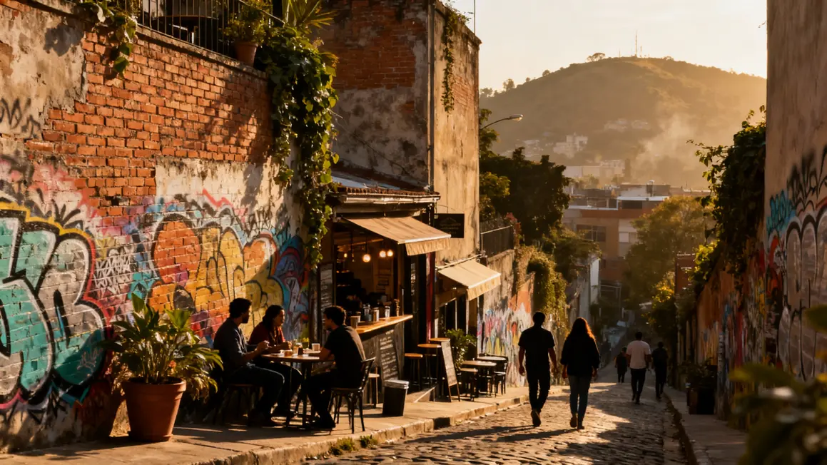 Ruelle animée Haebangchon avec street art et cafés