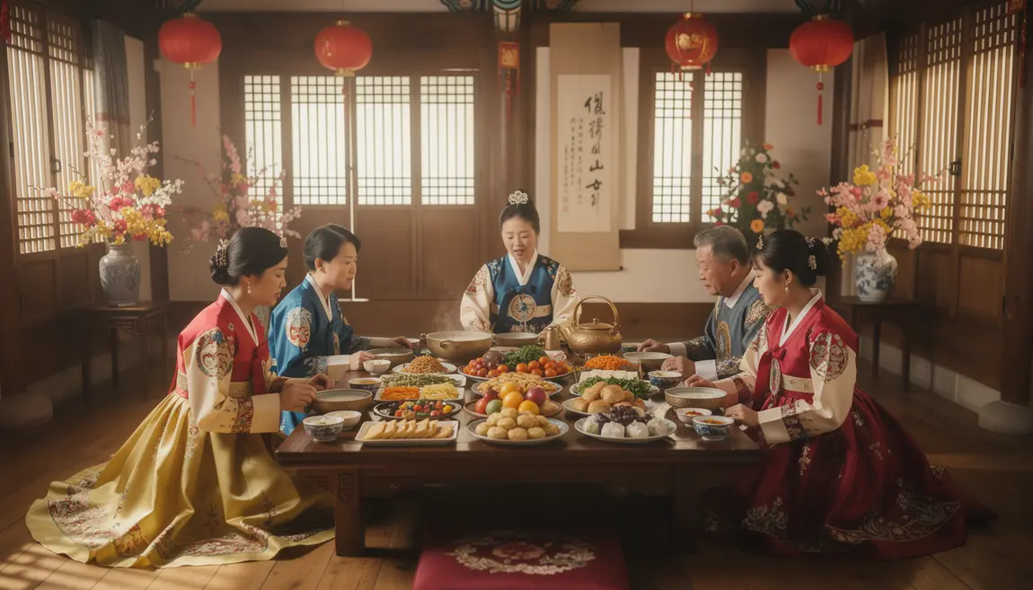 Famille coréenne en hanbok fête Seollal table Nouvel An lunaire