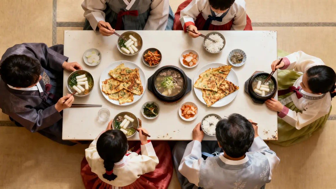 Repas Seollal tteokguk jeon yakbap famille hanbok