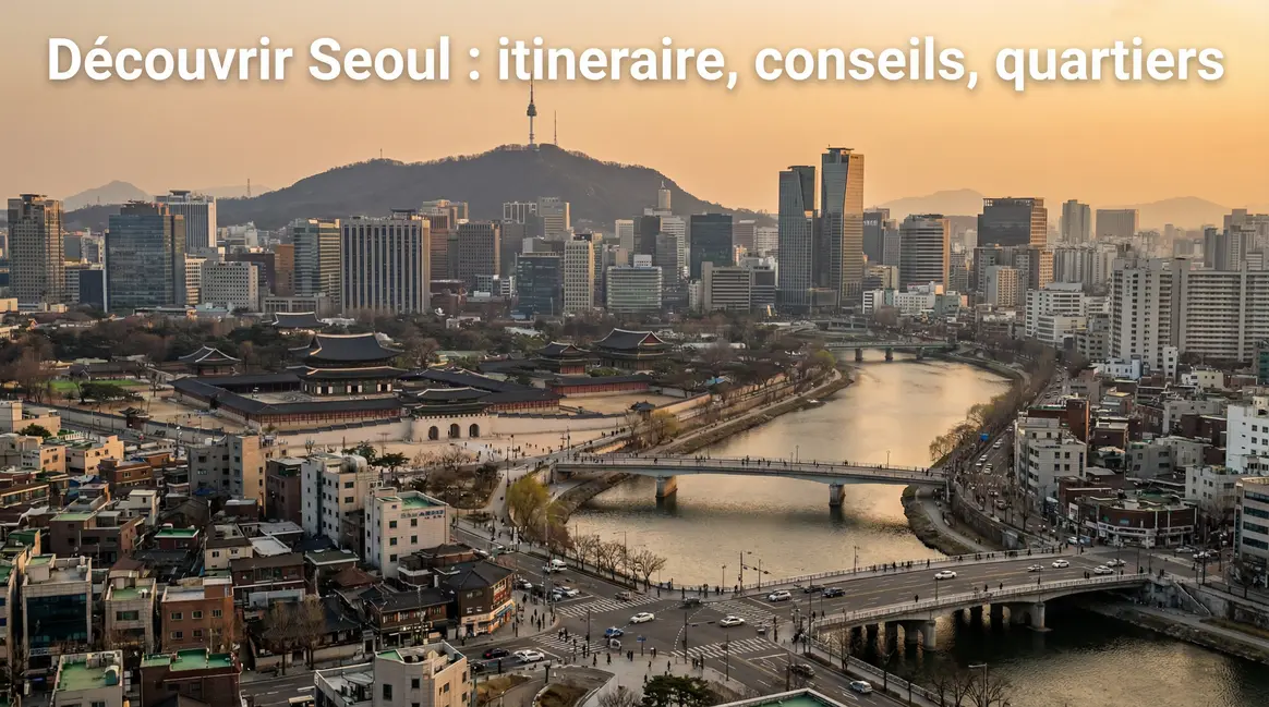 Vue panoramique Séoul palais, montagne, rivière, quartiers modernes