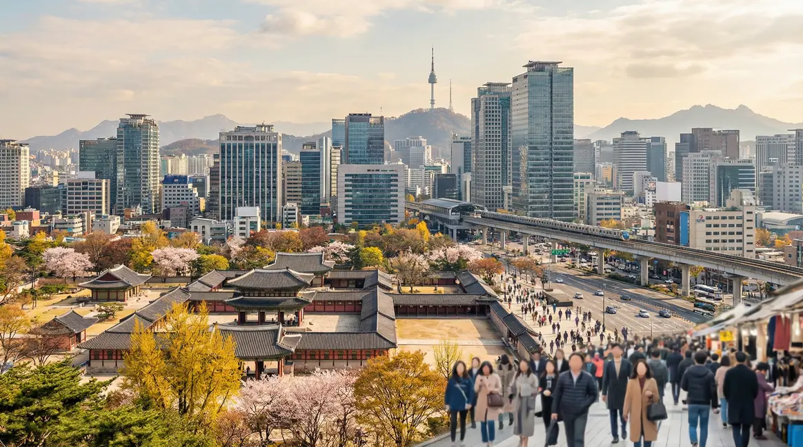 Panorama Séoul palais gratte-ciel métro foule jour