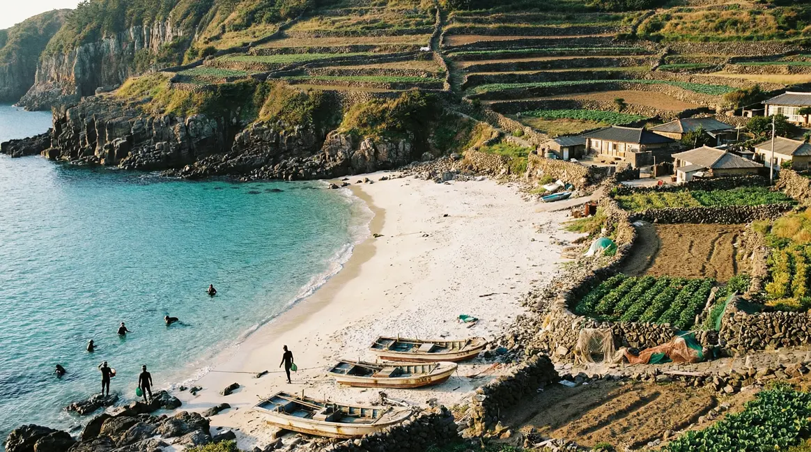 Vue photoréaliste ile coréenne Udo plage sable blanc mer turquoise