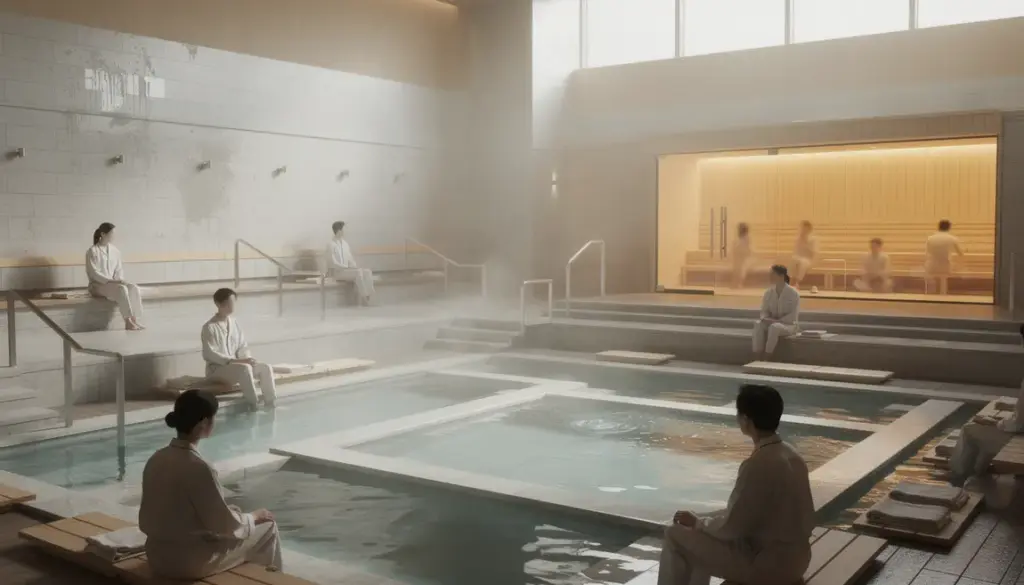 Vue bain public coréen moderne, bassins et sauna
