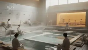 Vue bain public coréen moderne, bassins et sauna