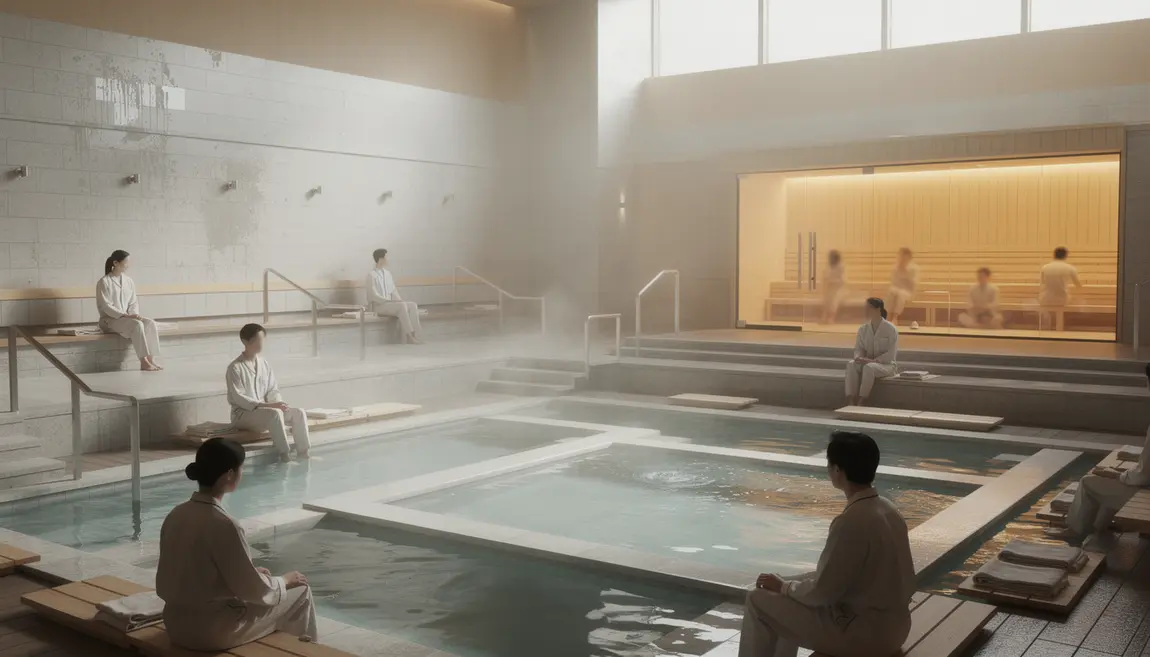 Vue bain public coréen moderne, bassins et sauna