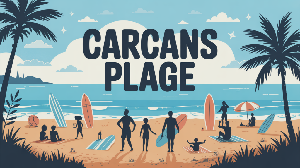 Vue stylisee de Carcans Plage avec ocean, pins, famille et surf