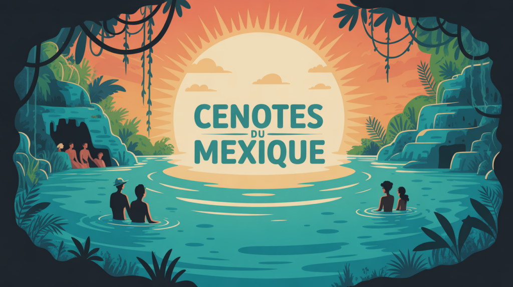 Illustration cenote Mexique turquoise jungle famille