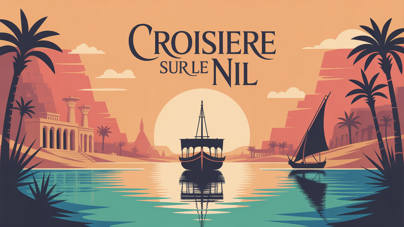 Illustration croisière sur le Nil soleil et temples