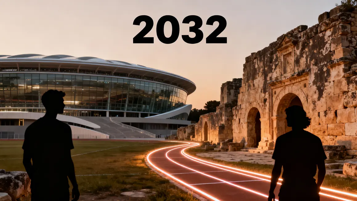 Deux silhouettes devant stades image Jeux Olympiques 2032