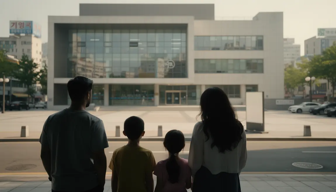 Famille multiculturelle devant ecole francaise Seoul