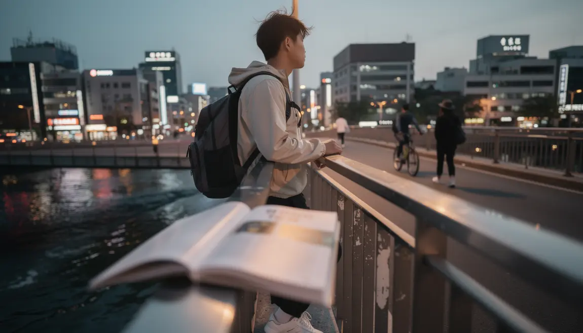 Voyageur observant Séoul avec guide de langue coréenne