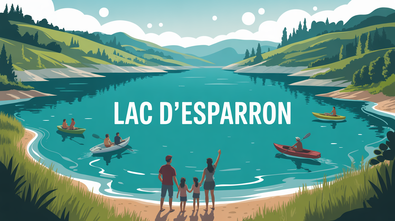 Vue panoramique du lac d'Esparron, familles, bateaux électriques, collines verdoyantes