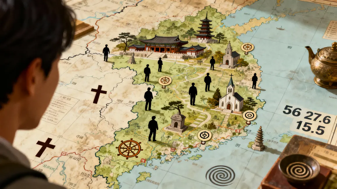 Carte Corée du Sud avec temples, églises, symboles religieux chiffres clés