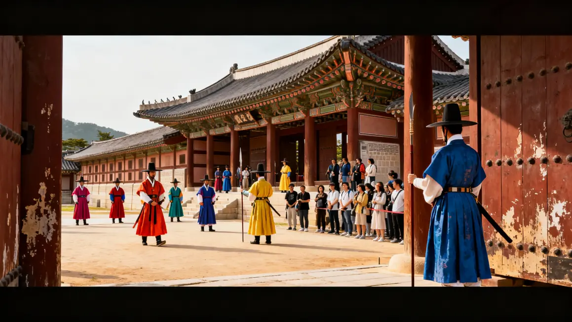 visiteurs hanbok devant palais traditionnel