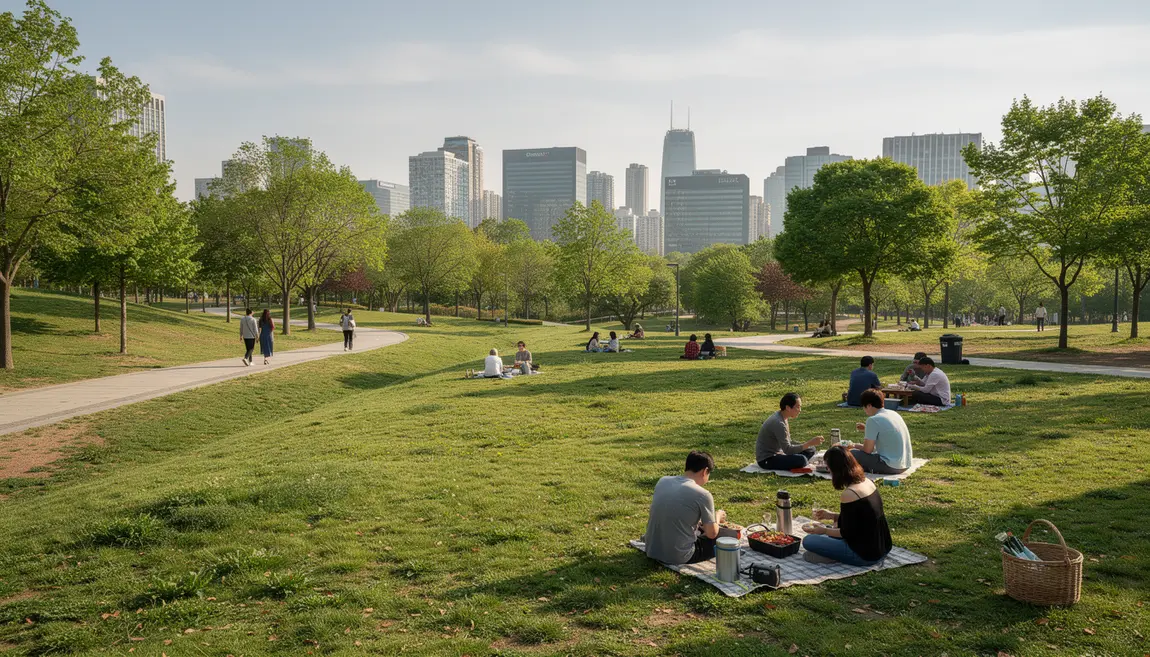 Grand parc urbain à Séoul pelouse familles pique-nique