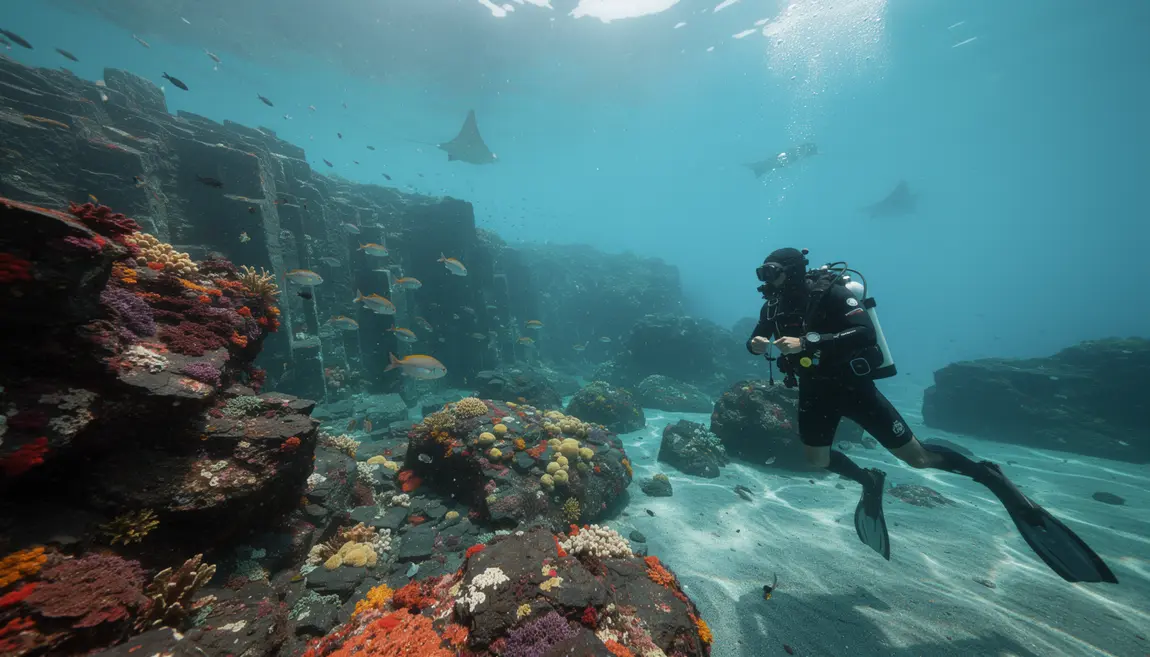 Plongée sous-marine Corée du Sud avec paysage volcanique, coraux, poissons et raies