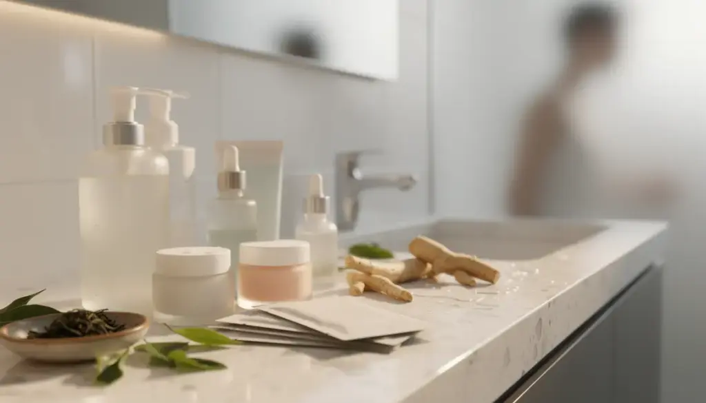 Salle de bain avec cosmetiques coreens masques ginseng the