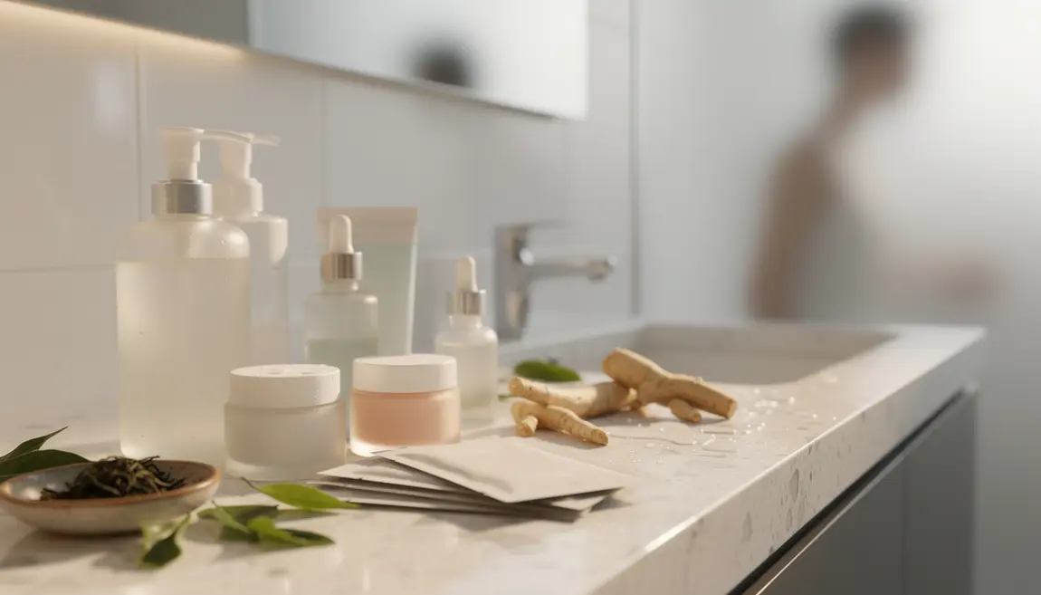 Salle de bain avec cosmetiques coreens masques ginseng the