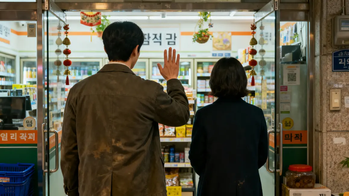 Deux personnes se saluent à l'entrée d'un magasin coréen