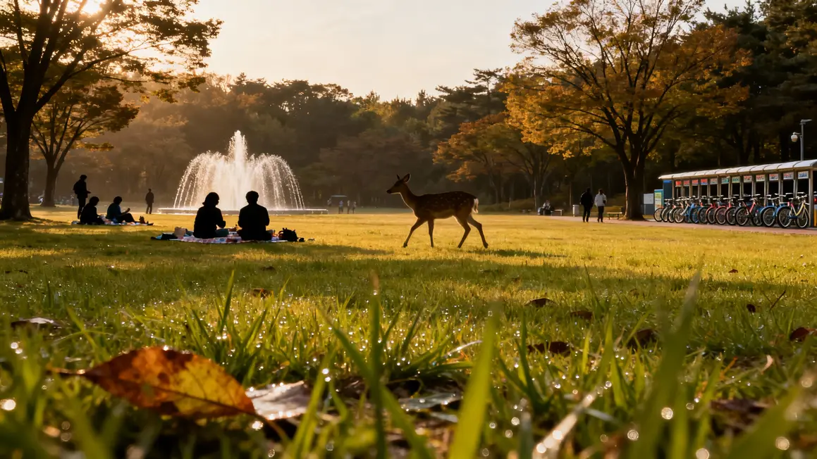 Pelouse de Seoul Forest cerfs vélos familles pique-nique