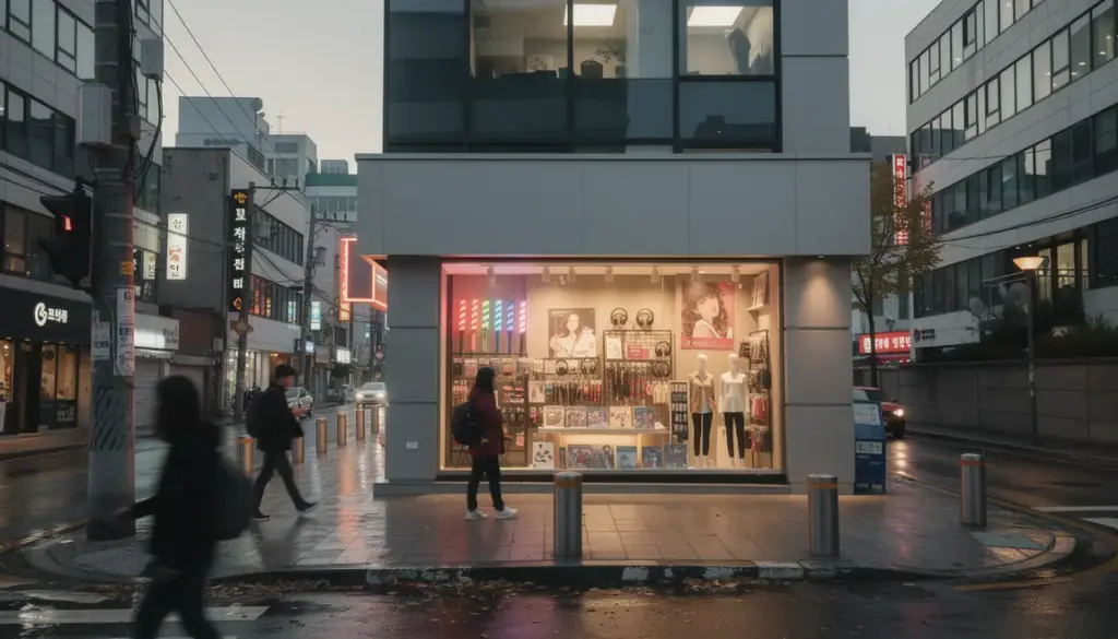 Facade studio kpop Seoul quartier lumineux