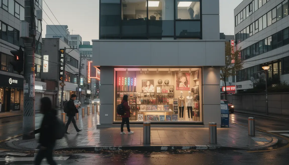 Facade studio kpop Seoul quartier lumineux