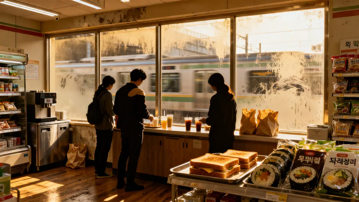 passants devant supérette coréenne matin