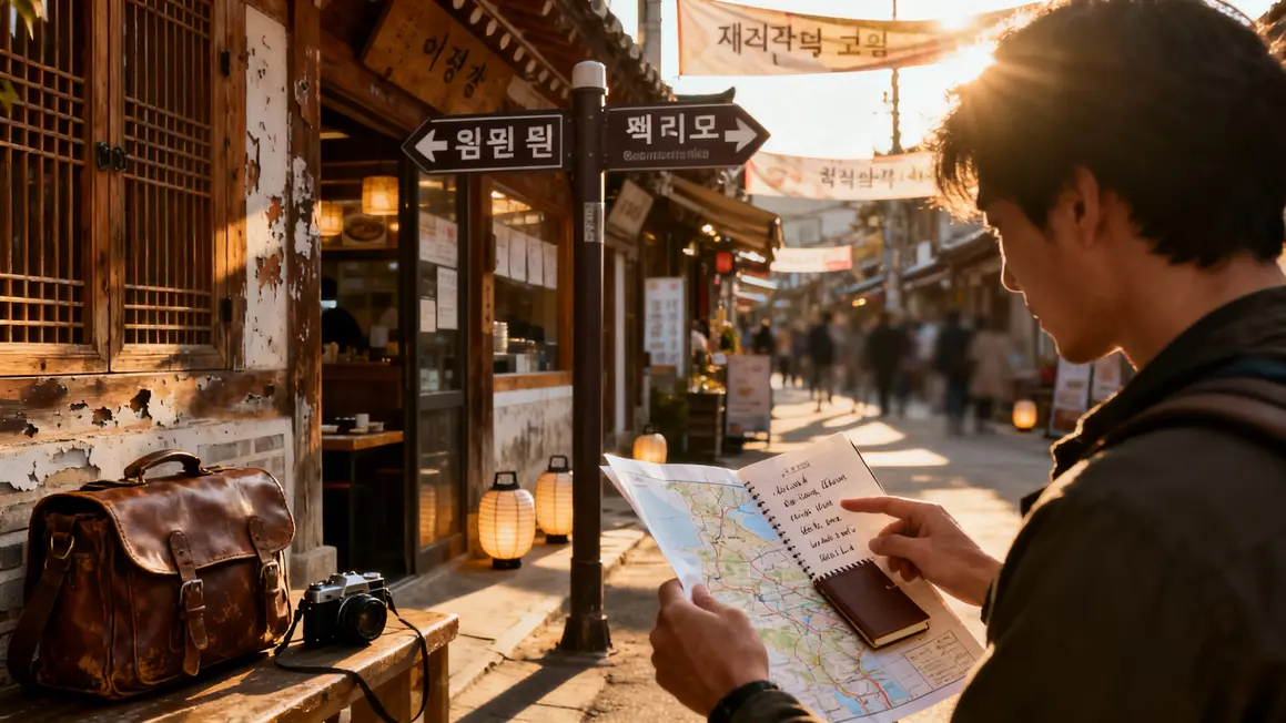 Voyageur utilisant le coréen dans une rue en Corée