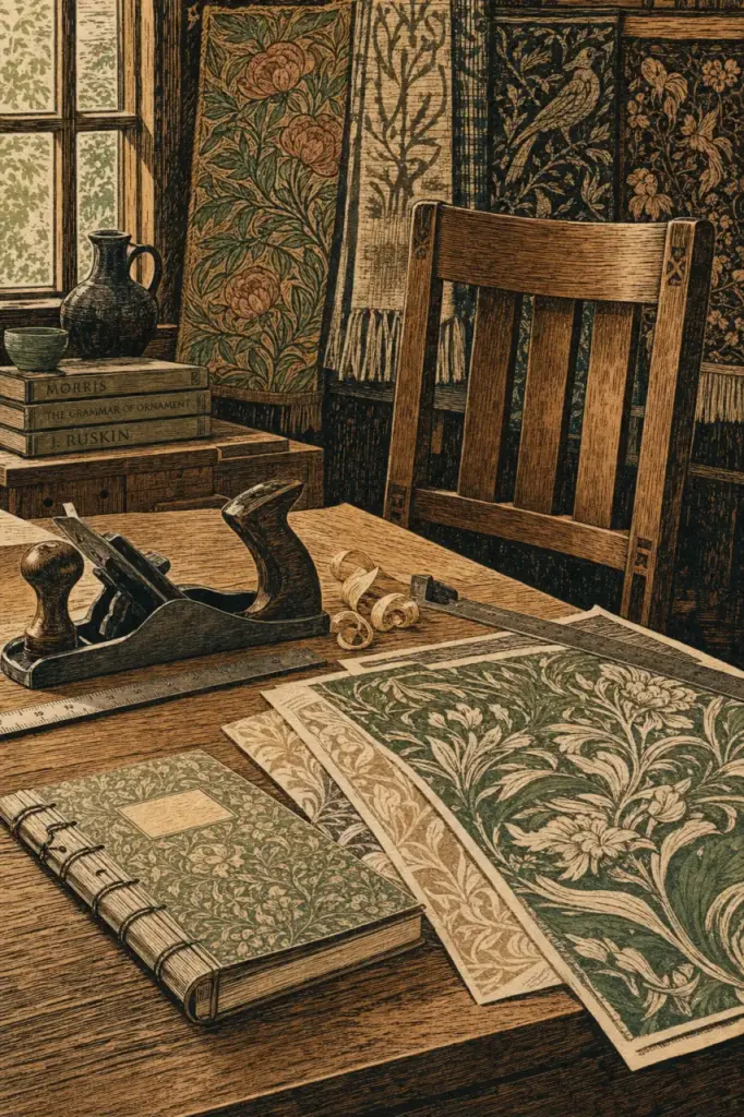 Atelier Arts and Crafts : artisanat et design, table en chêne et textiles tissés