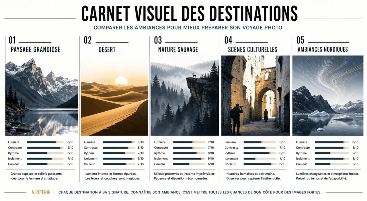 Comparatif des destinations pour un voyage photos avec plusieurs ambiances photogéniques