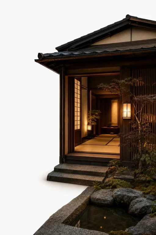 Ryokan kyoto traditionnel avec tatamis, lanternes et jardin intérieur au crépuscule