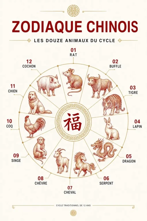 Infographie des douze signes du zodiaque chinois pour le Nouvel An chinois