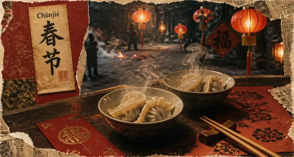 Jour de l an chinois, hongbao rouge, jiaozi fumants et lanternes