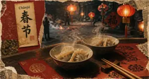 Jour de l an chinois, hongbao rouge, jiaozi fumants et lanternes