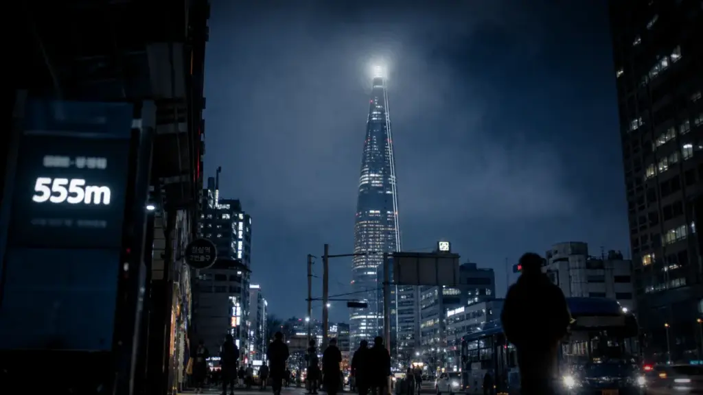 Lotte World Tower hauteur : 555m à Séoul, brume et contre-plongée