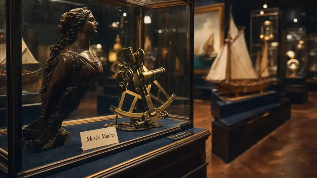 Musée marine : vitrine en verre, sextant et figure de proue