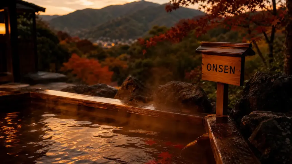 Onsen Kyoto : rotenburo fumant à l’eau ambrée