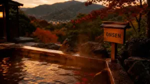 Onsen Kyoto : rotenburo fumant à l’eau ambrée