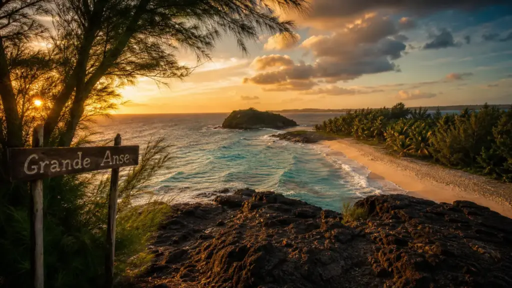 Petite ile à La Réunion, Grande Anse et îlot végétalisé, rochers au premier plan