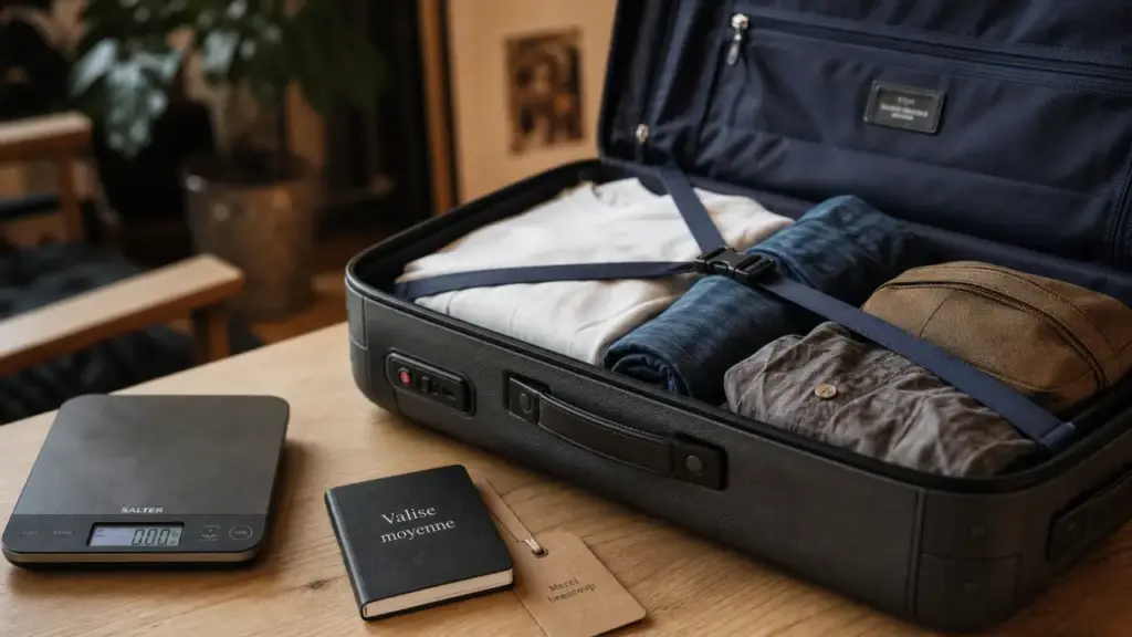 Valise moyenne anthracite ouverte sur table, vue pratique et maniable