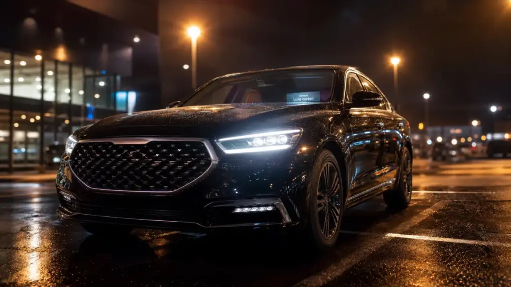 Voiture coréenne luxe Genesis premium noire sur parking humide