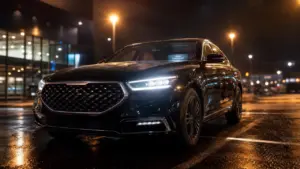 Voiture coréenne luxe Genesis premium noire sur parking humide
