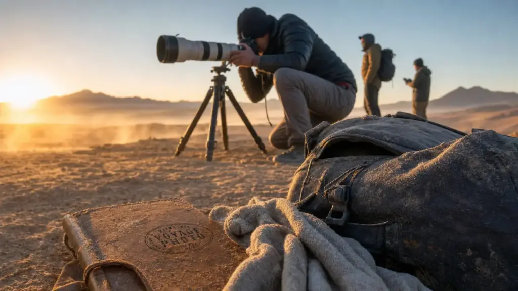 Voyage photos : guide photographe ajuste un 70-200 au lever du soleil