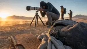 Voyage photos : guide photographe ajuste un 70-200 au lever du soleil