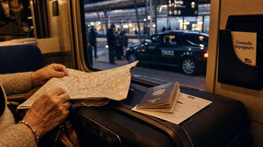 Voyager seule femme 50 ans : valise et passeport à la gare